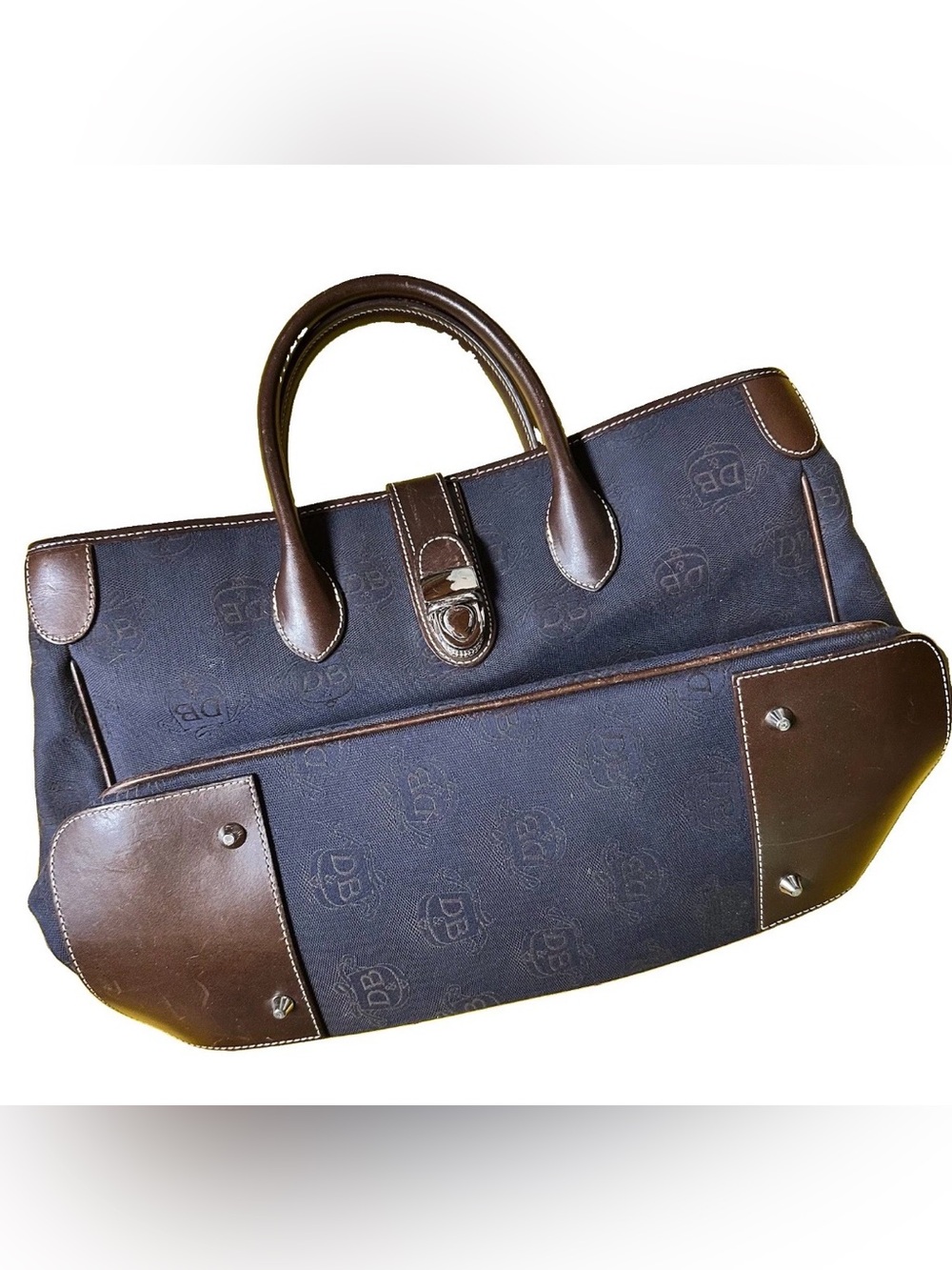 Dooney & Bourke Signature DB Monogram Double Handle Tote Bag Purse Navy Y2K